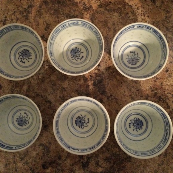 6 Vintage Chinese Translucent Ling Long Rice Tea Cups bowls blue white flower - Picture 1 of 4